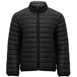 A black waterproof jacket featuring a quilted design, front zipper, and high collar. It has a logo on the chest.