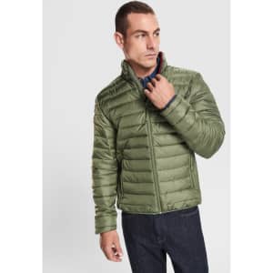 A waterproof jacket in olive green, featuring a puffy design and a high collar, worn by a model.