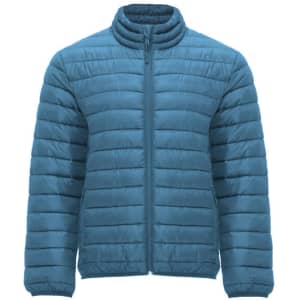 A waterproof jacket in a deep blue colour with a zip front and quilted texture, featuring a stand-up collar.