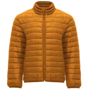 A waterproof jacket in a warm mustard colour, featuring a zip front and quilted design, with a round collar.