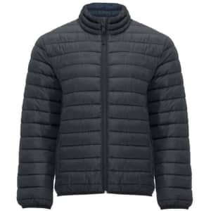 A dark grey waterproof jacket featuring a quilted design and a zip front. It has a high collar and is plain in style.