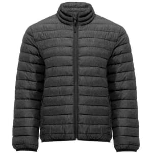 A waterproof jacket in dark grey with a quilted design, featuring a stand-up collar and a front zip.