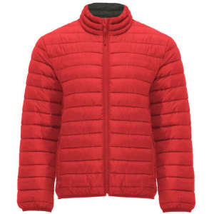 A red waterproof jacket with a quilted design and high neck, featuring a front zipper and a logo on the chest.