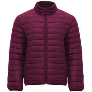 A maroon waterproof jacket with a zip front and high collar, featuring a puffer style and a logo on the chest.