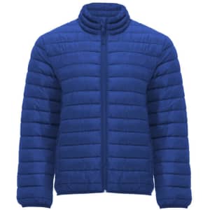 A blue waterproof jacket with a quilted design, featuring a zip front and a high collar. It has a logo on the chest.