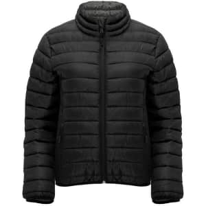 A black women's waterproof jacket featuring a zip front and padded design, with a high collar. It has two side pockets and a logo.