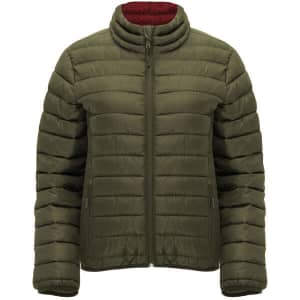 A waterproof women's jacket in olive green with a red interior, featuring a zip-up front and a classic puffer design.