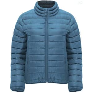 A women's waterproof jacket in blue with a quilted design and front zip. It features a stand-up collar and has branding.