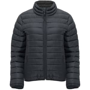 A dark grey women's waterproof jacket with a zip front and a padded design, featuring a high collar and side pockets.