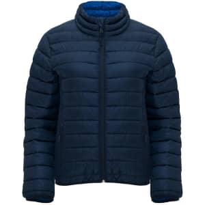 A navy women's waterproof jacket with a quilted design and a high collar. Features a logo on the front.