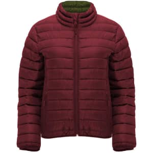 A maroon women's waterproof jacket with a high collar and zip closure, featuring quilted sections and side pockets.