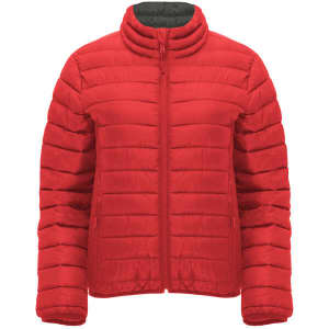 A red women's waterproof jacket with a zip-up front and a stand-up collar, featuring horizontal quilted sections.