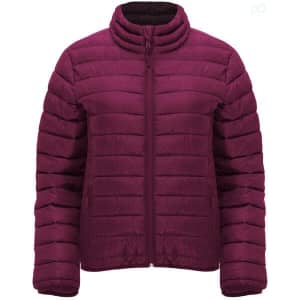 A waterproof women's jacket in a rich burgundy colour with a zip front and a stand-up collar. It features a branding logo.