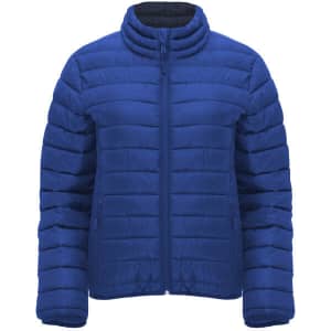 A blue women's waterproof jacket featuring a zip-up front and a high collar, with horizontal stitching and a logo.