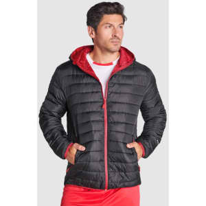 A hooded parka in black with a red lining, featuring a zip front and side pockets.