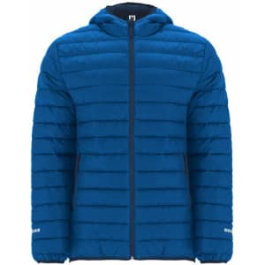 A blue hooded parka with a quilted design, featuring a zip front and side pockets. It includes a logo on the chest.