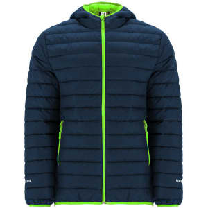 A hooded parka in navy blue with bright green accents, featuring a zip front and side pockets.