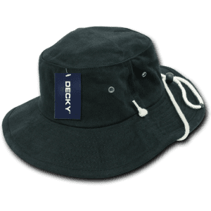 A dark green cotton bucket hat with a logo, featuring a drawstring and eyelets for ventilation.