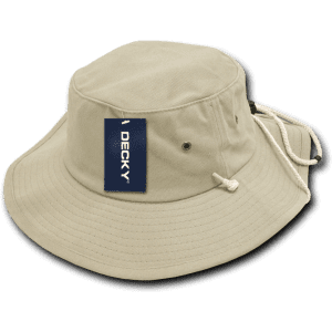 A light beige bucket hat with a branded tag and an adjustable drawstring.