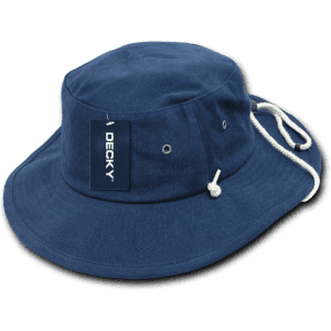 A structured navy blue Aussie hat with a rope chin strap and a tag attached.