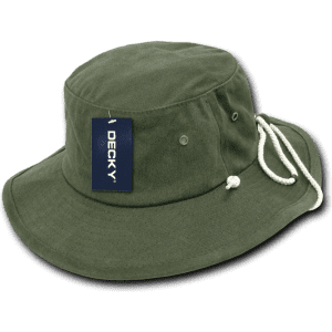 A structured Aussie hat in olive green with a white drawstring and a tag, featuring ventilation eyelets.