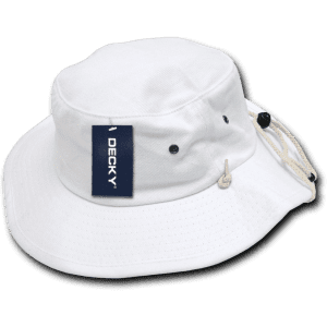 A white structured Aussie hat with a chin strap and a logo tag attached.