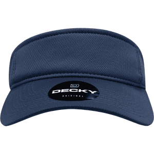 A navy mesh visor featuring a logo on the front and a curved brim.