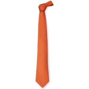 An orange cravat tie with a smooth texture and a knotted design at the top, featuring a simple branding logo.