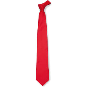 A red cravat tie with a smooth finish, featuring a simple design and a knot at the top.