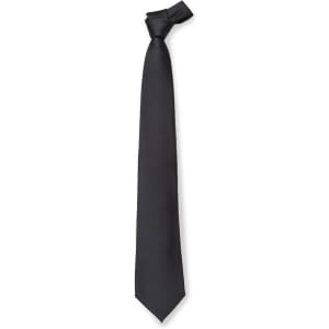 A black cravat tie with a smooth finish, featuring a decorative knot at the top. It has a logo on the fabric.