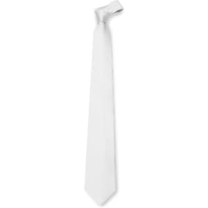 A white cravat tie with a smooth finish, featuring a stylish knot at the top. It has a simple design and a logo.