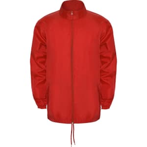 A red waterproof jacket features a zip front, long sleeves, and a high collar. It has a brand logo on it.