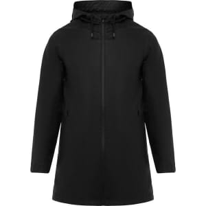 A black waterproof raincoat with a hood, featuring a zip front and side pockets. It has a simple design and branding.