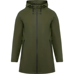 A waterproof raincoat in olive green with a hood and zippered pockets, featuring branding on the design.