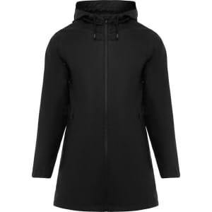 A black waterproof raincoat for women with a hood and adjustable drawstrings. It features a logo on the front.