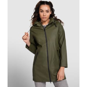 A women’s waterproof raincoat in olive green with a hood, featuring a front zip and side pockets.