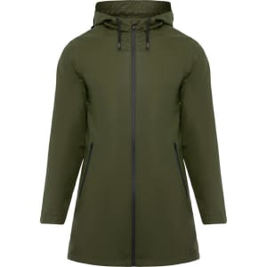 A waterproof raincoat in dark green with a hood and zippered front, featuring side pockets and a logo.
