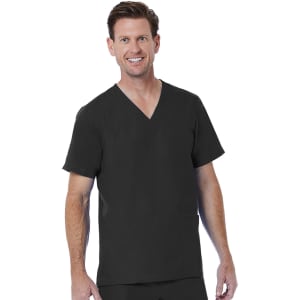 A man wearing a black V-neck top with two front pockets and a simple logo.