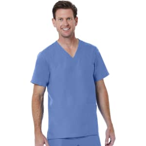 A men's V-neck top in light blue, featuring short sleeves and two front pockets. The model is smiling and wearing it.