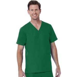A green men's V-neck top with short sleeves, featuring two front pockets and a logo on the chest.