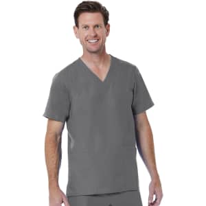 A grey V-neck top for men, featuring short sleeves and two front pockets, with a logo visible on the fabric.