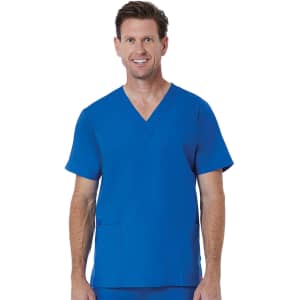 A man is wearing a blue V-neck top with short sleeves, featuring a pocket on one side. The top has branding.