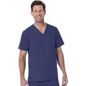 A men's V-neck top in navy blue with short sleeves and a pocket, featuring a logo on it.