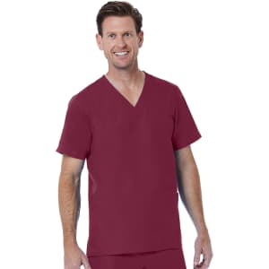 A men's V-neck top in burgundy, featuring short sleeves and a pocket, with a branding logo on the clothing.