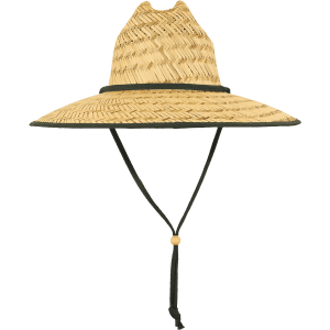 A straw lifeguard hat in natural tones with a black band and chin strap. It features a wide brim for sun protection.