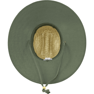 A green lifeguard hat with a wide brim and a straw centre, featuring a chin strap for secure wear.
