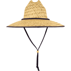 A straw lifeguard hat in natural tones with a wide brim and a adjustable black chin strap.