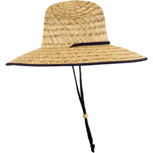 A straw lifeguard hat in natural tones with a navy trim and adjustable chin strap.