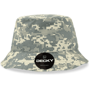 A grey camouflage bucket hat with a branded logo on the side. Ideal for outdoor wear.