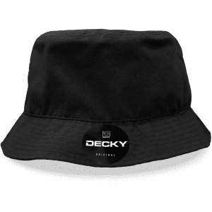 A black bucket hat with a branded logo on the front and a wide brim.